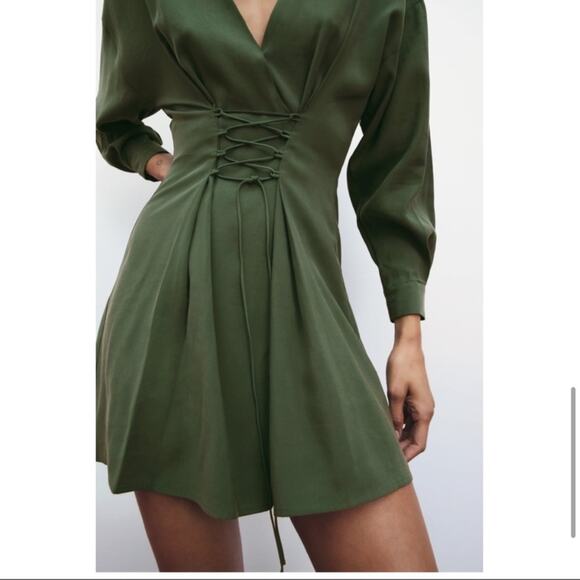 Zara V Neck Lace Up Corset Long Sleeves Flowy Mini Dress Khaki Green Size Large - Picture 13 of 14